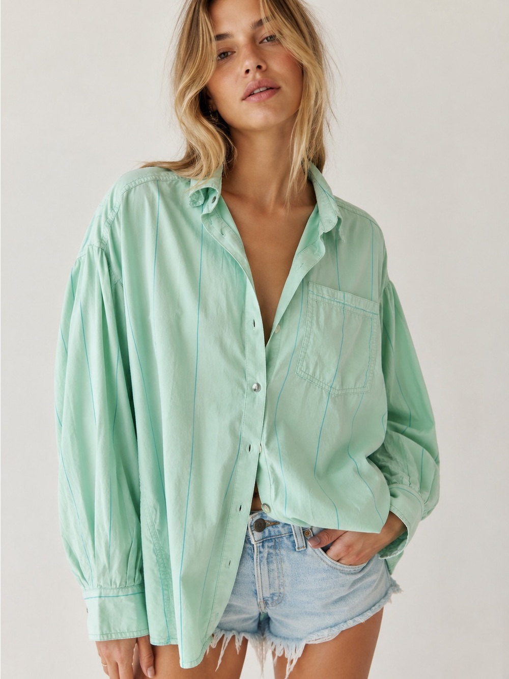 We The Free Medium  Button-Up Shirt Green with Blue pinstripes Like New